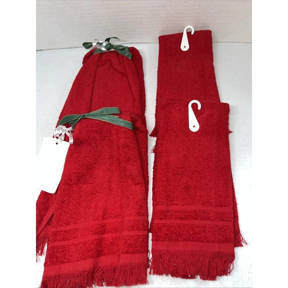 Christmas Fringe Embroidered Fingertip Hand Towels Vtg Lot Of 4 Cannon Cotton